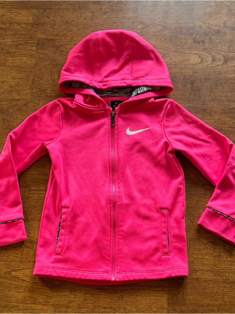 Nike Dri-FIT Full-Zip Sweatshirt Girls Small – Bright Pink with Grey Pattern